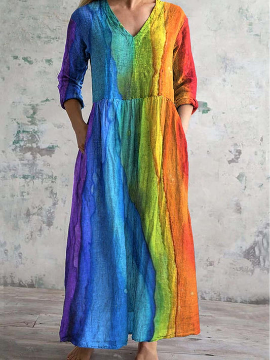 Women's V-neck Rainbow Art Cotton And Linen Dress With Pockets