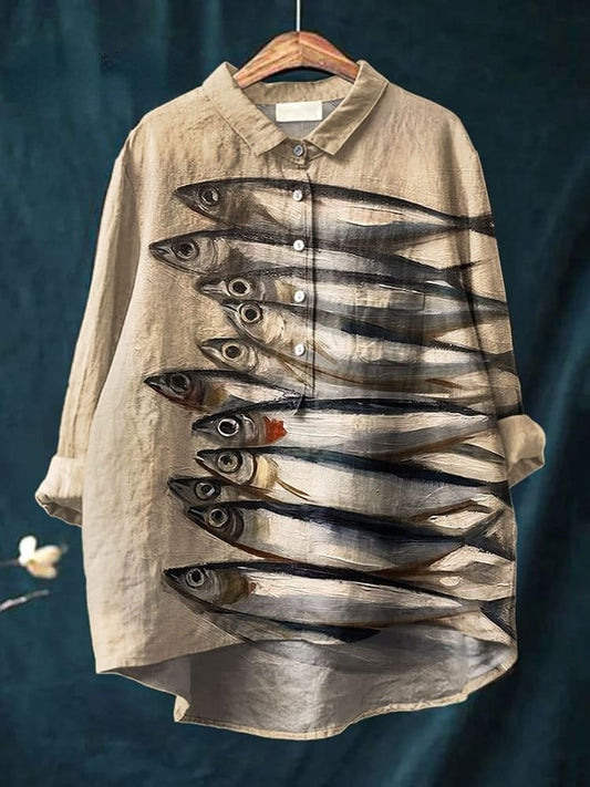 Women's Vintage Fish Art Print Casual Cotton And Linen Shirt