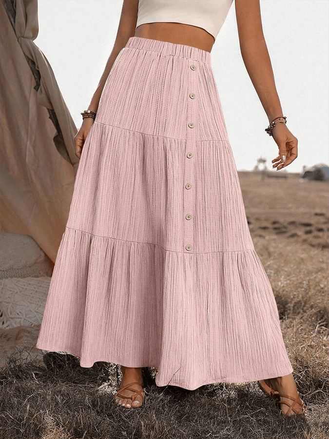 Women's Summer Button Decorated Ruffle Hem Long Skirt