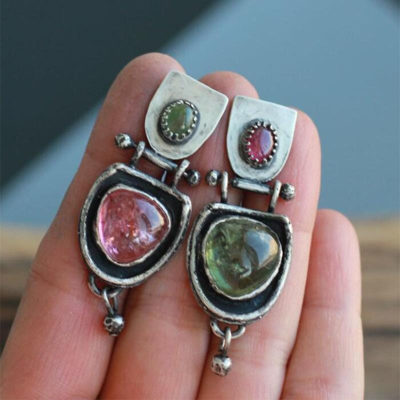 Green and red stone earring