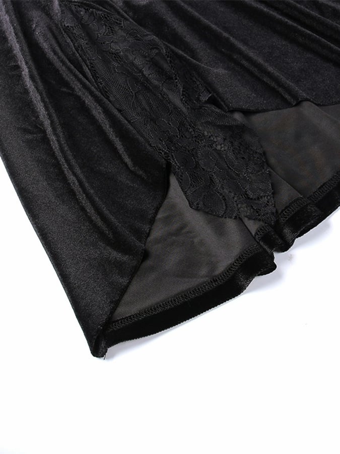 Dark Velvet Lace Elastic Waist Patchwork Skirt