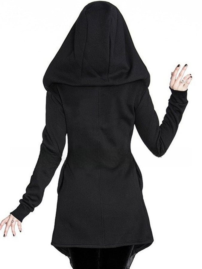 Gothic Style Dark Print Long-Sleeved Hooded Irregular Stitching Print Long Coat