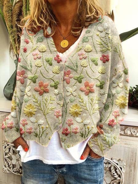 Women's Floral Embroidery Pattern Art Printed Casual Sweater Cardigan