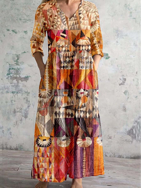 Women's Vintage Bohemian Pattern V Neck Dress with Pockets