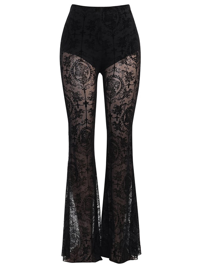 Halloween Gothic Dark Skinny Lace Spliced See Through Flared Pants