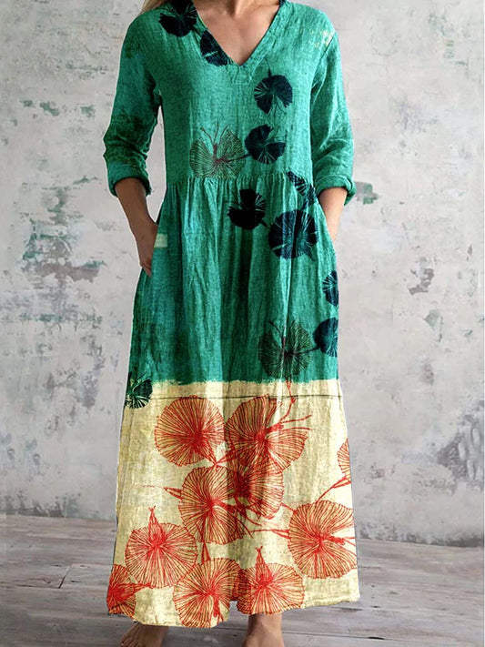 Women's V Neck Art Floral Pattern Dress with Pockets