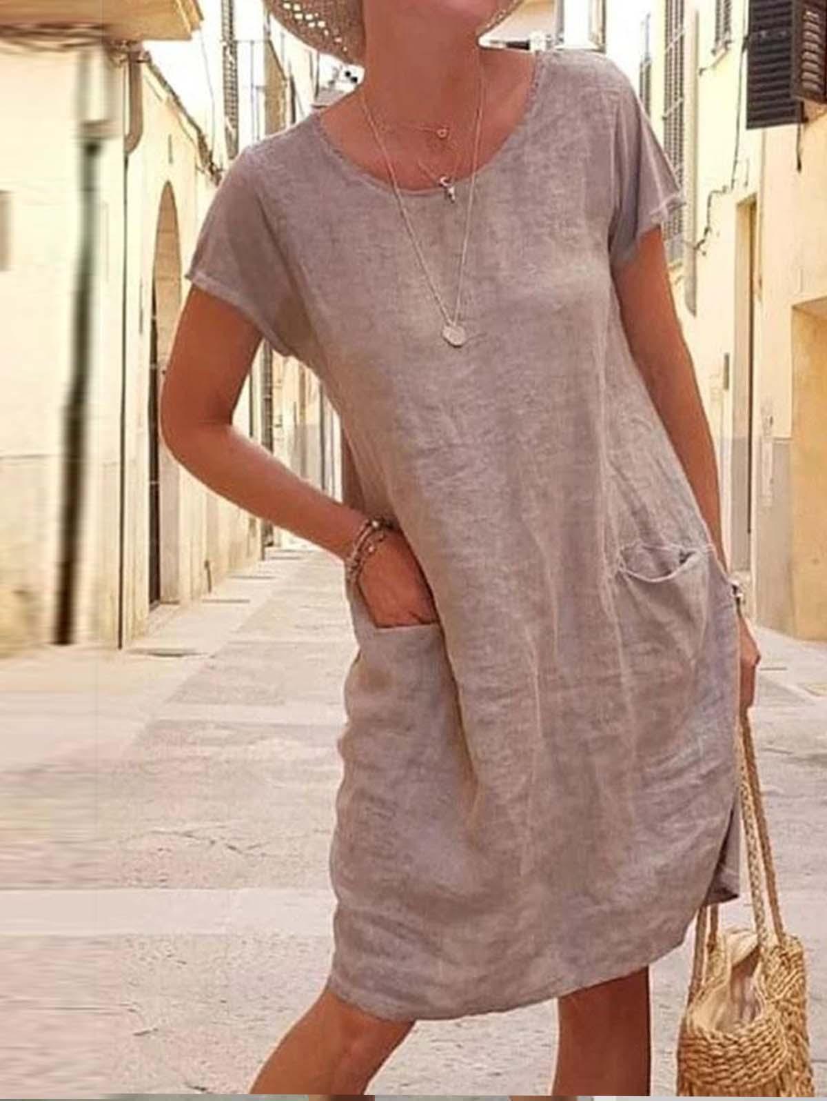Women Casual Pockets O-Neck Short Sleeve A-Line Linen Dress