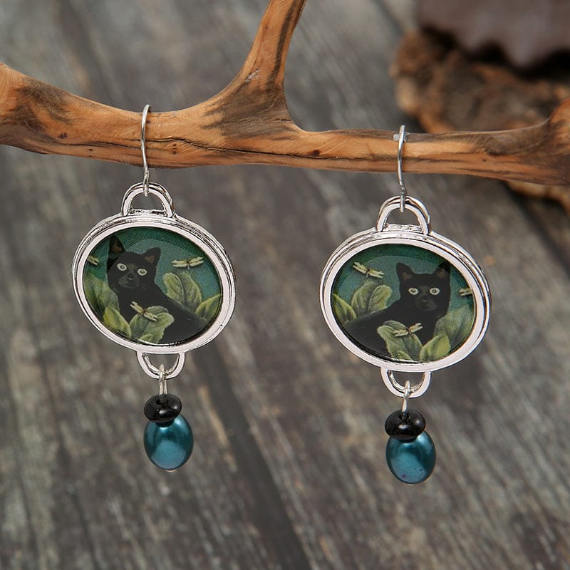 Vintage Round Black Cat Earrings