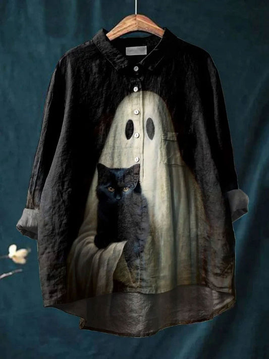 Women's Halloween Ghost  Art Print Casual Cotton And Linen Shirt