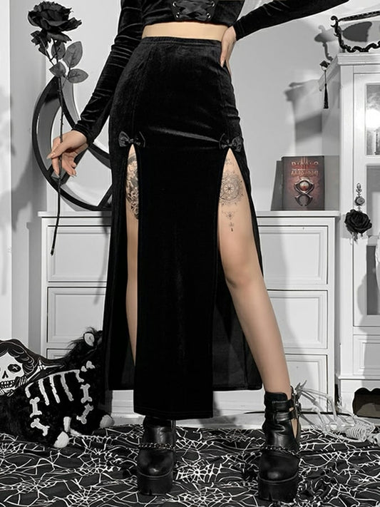 Halloween Gothic Dark Velvet Double Split Skirt