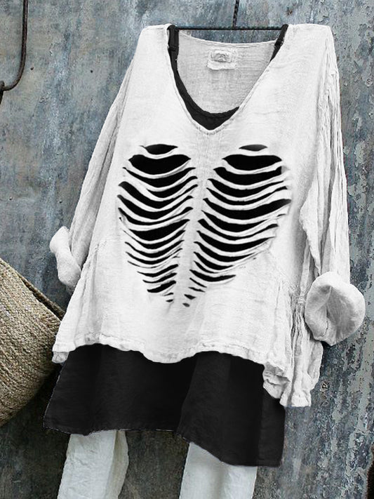 Halloween Skeleton Heart Cut Out Linen Blend Tunic