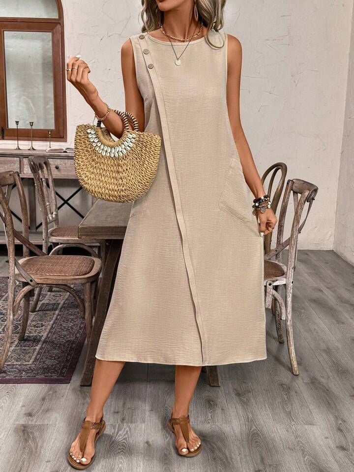 Women'S Solid Color Cotton And Linen Casual Dress