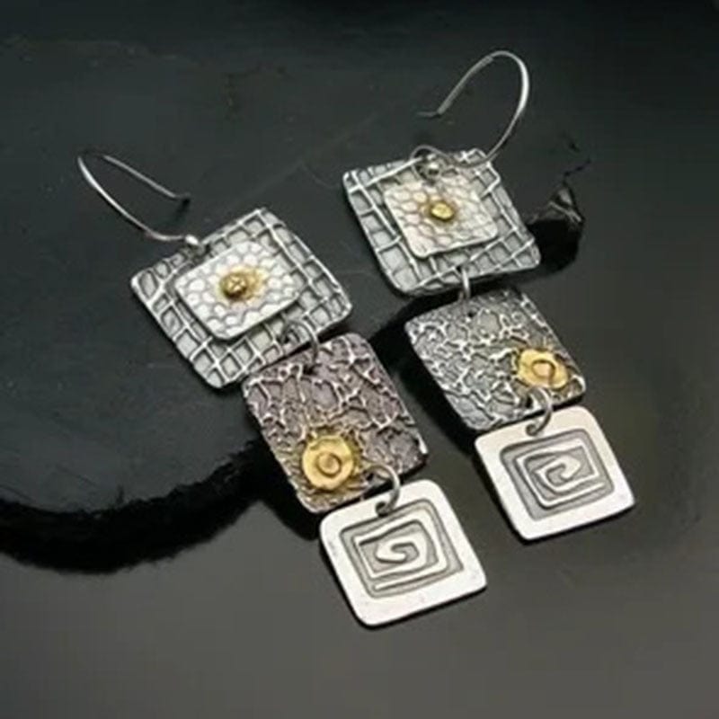 New Tribal Geometric Carved Square Metal Earrings