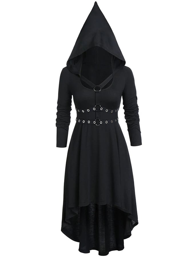 Halloween Punk Solid Rivet Waisted Pointed Hooded Dress