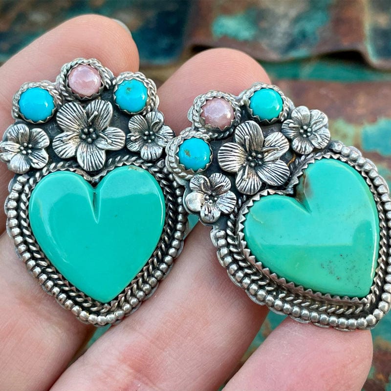 Boho Vintage Love Heart Turquoise Flower Earrings