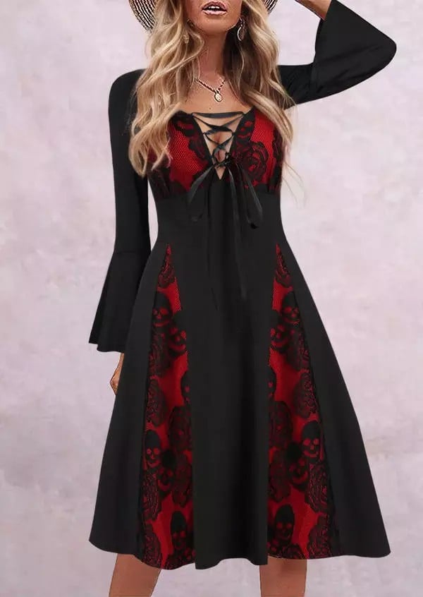 Women's Halloween Rose Skull Lace Up Mini Dress