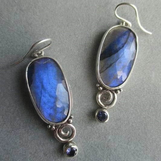 Oval Blue Stone Pendant Earrings