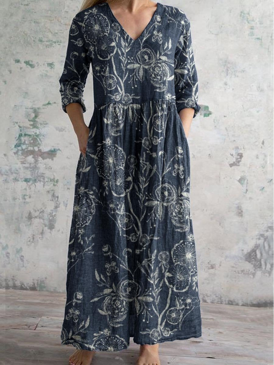 Women's V-neck Elegant Simple Rose Floral Pattern Cotton And Linen Dress With Pockets