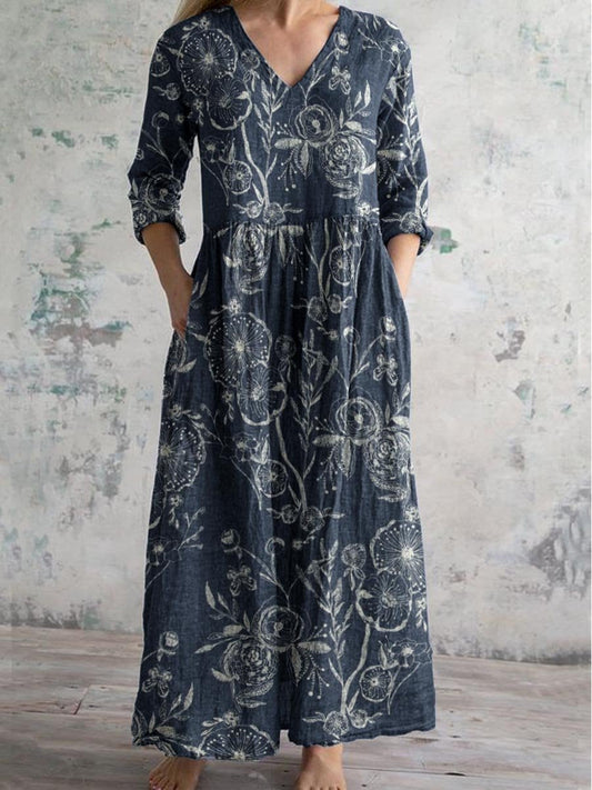Women's V-neck Elegant Simple Rose Floral Pattern Cotton And Linen Dress With Pockets