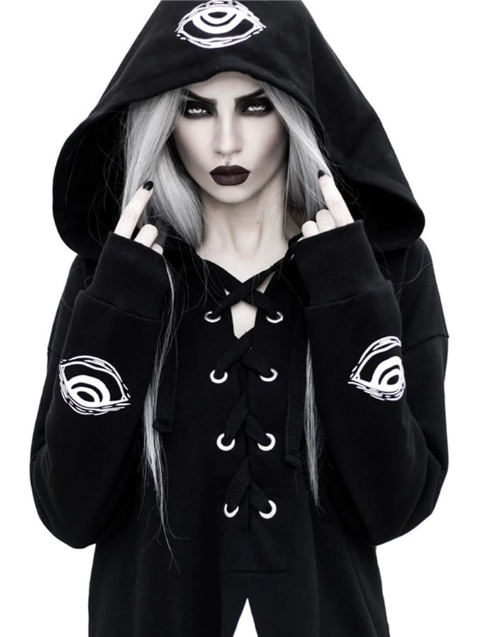 Gothic Style Dark Print Long-Sleeved Loose Drawstring Hooded Long Women'S Sweater