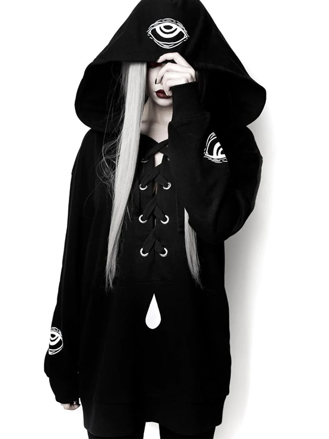 Gothic Style Dark Print Long-Sleeved Loose Drawstring Hooded Long Women'S Sweater