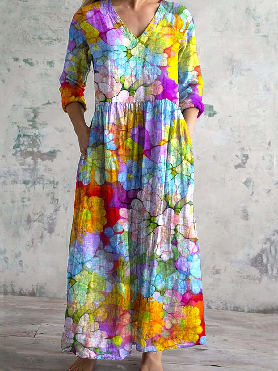 Women's V-neck Rainbow Floral Cotton And Linen Dress With Pockets