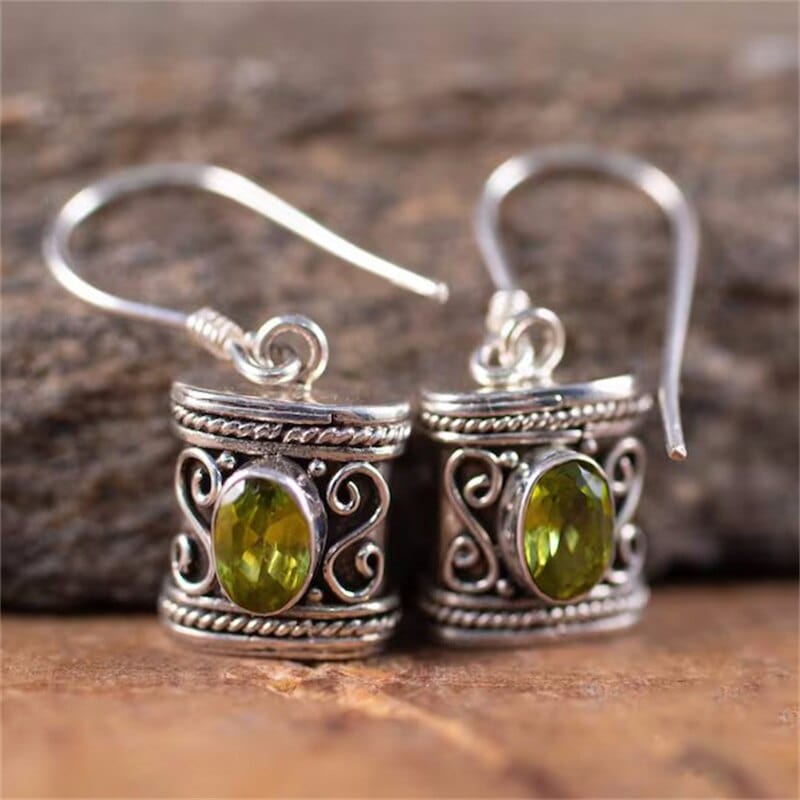 Ethnic Oval Inlaid Olive Green Stone Hook Earrings