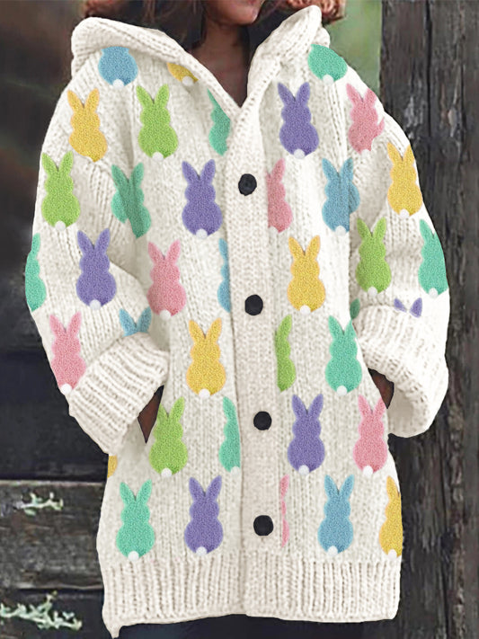 Easter Colorful Fuzzy Bunny Fleece Cozy Hooded Cardigan