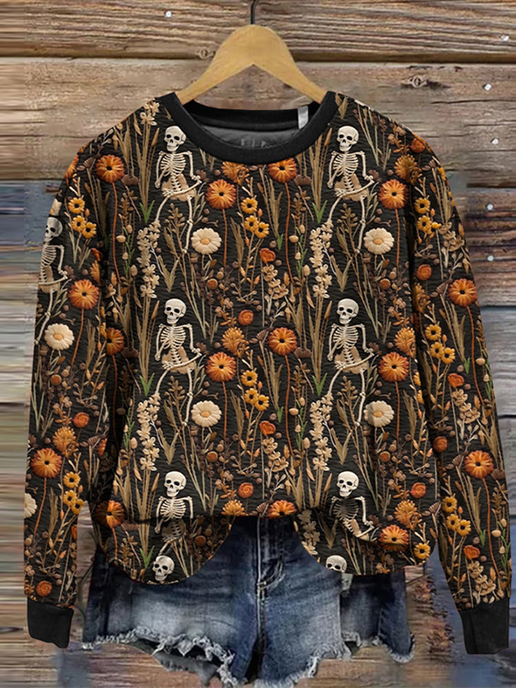 Halloween Flower Skull Print Round Neck Long Sleeve Sweatshirt