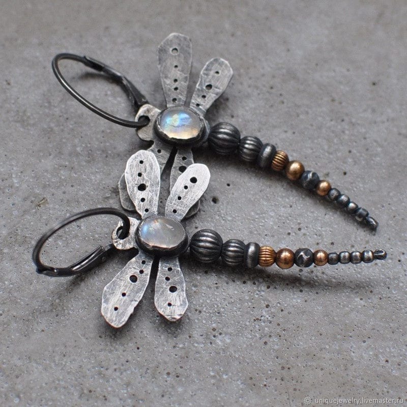 Round moonstone dragonfly earrings