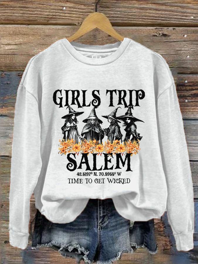 Women's Girl's Trip Salem Time To Get Wicked Halloween Print Crew Neck Sweatshirt