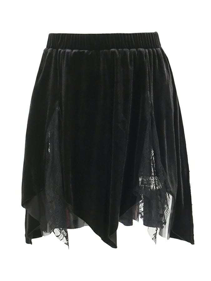 Dark Velvet Lace Elastic Waist Patchwork Skirt