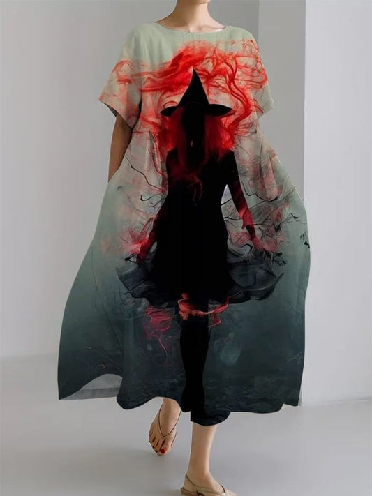 Women's Halloween Witch Oil Painting Design Casual Pocket Loose Dress