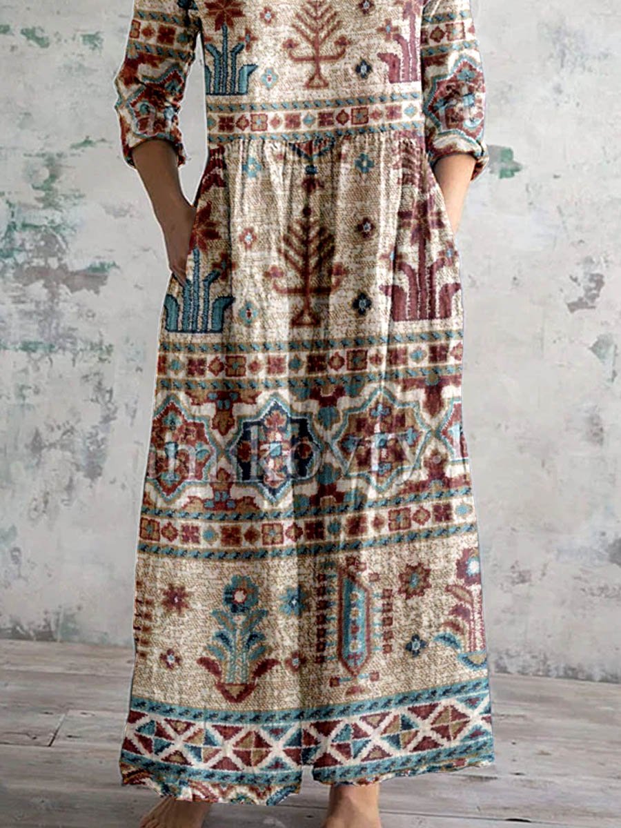 Women's V-Neck Vintage Geometric Floral Print Dress With Pockets