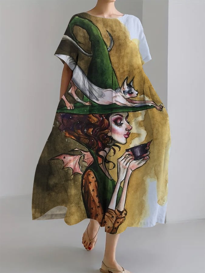 Women's Halloween Witch Oil Painting Design Casual Pocket Loose Dress