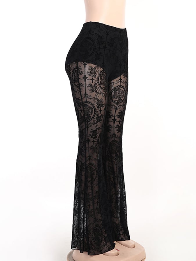 Halloween Gothic Dark Skinny Lace Spliced See Through Flared Pants