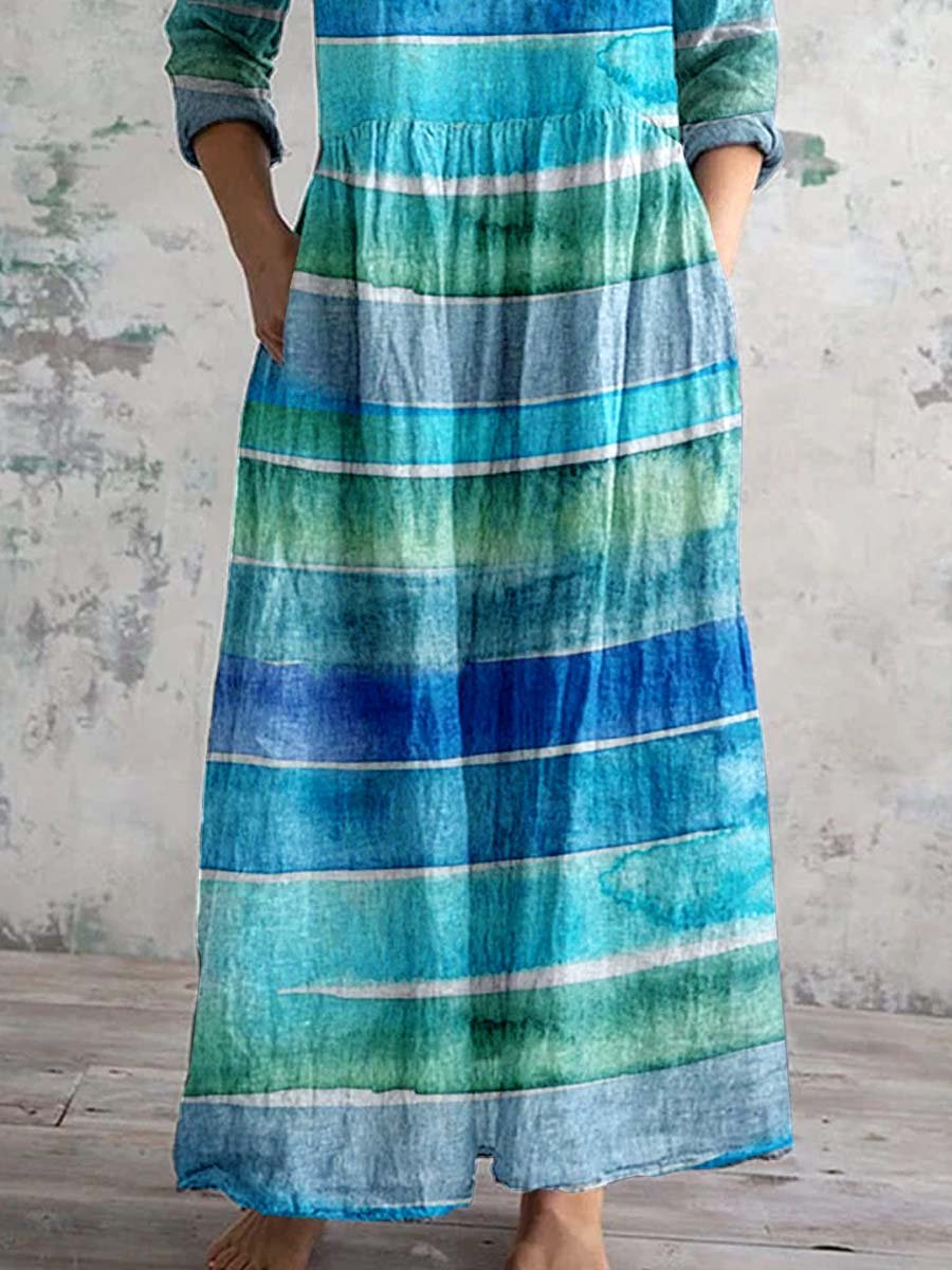 Women's Vintage Boho Stripe Pattern V Neck Dress with Pockets