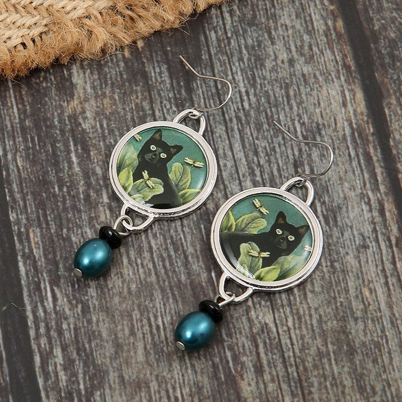 Vintage Round Black Cat Earrings