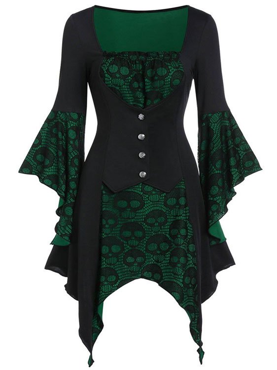 Halloween Skull Lace Tie Irregular Dress