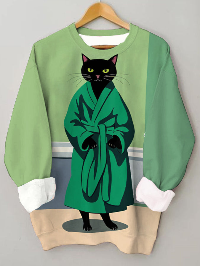 Cute Bathrobe Cat Crew Neck Sweatshirt