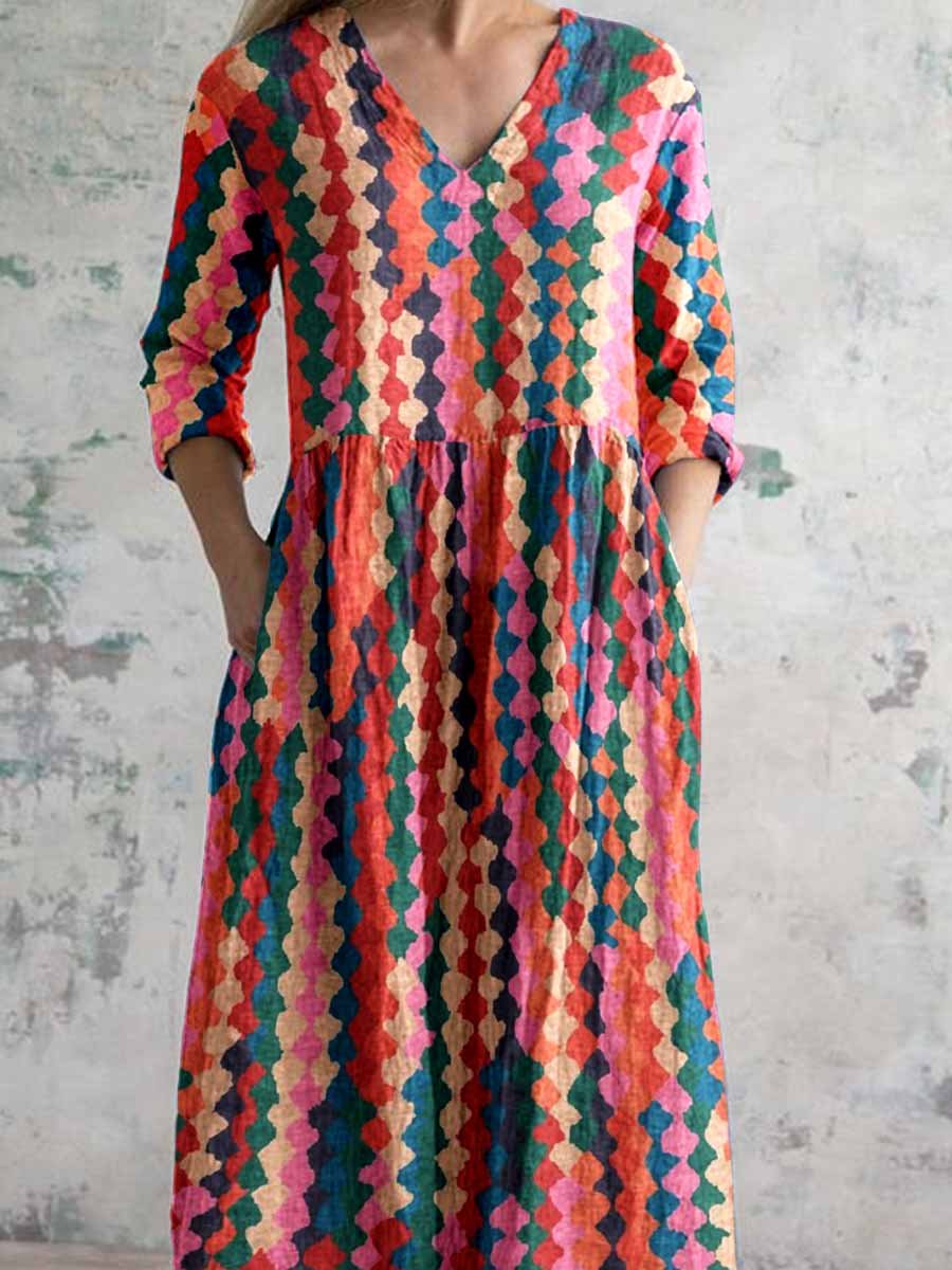 Women's V-Neck Colorful Bohemian Geometric Pattern Cotton and Linen Dress with Pockets