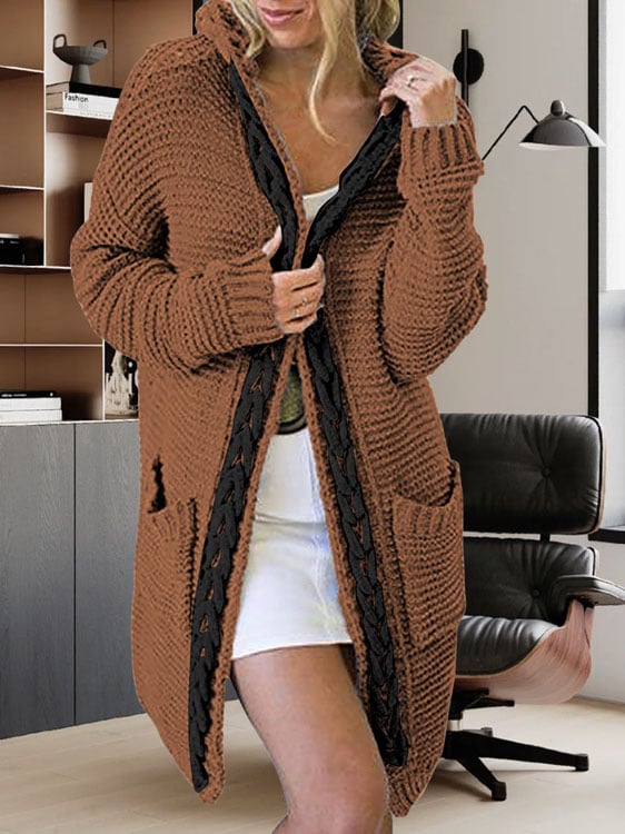 Women's Solid Color Scarf Collar Long Knitted Cardigan