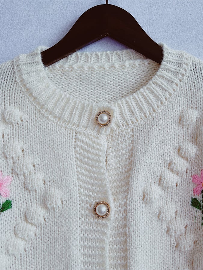 Women's Casual Crochet Embroidery Pearl Button Cardigan Sweater