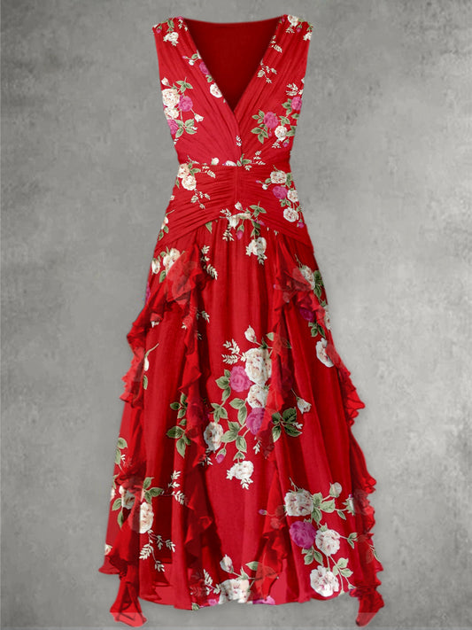 Retro Boho Floral Print V-Neck Chic Sleeveless Maxi Dress