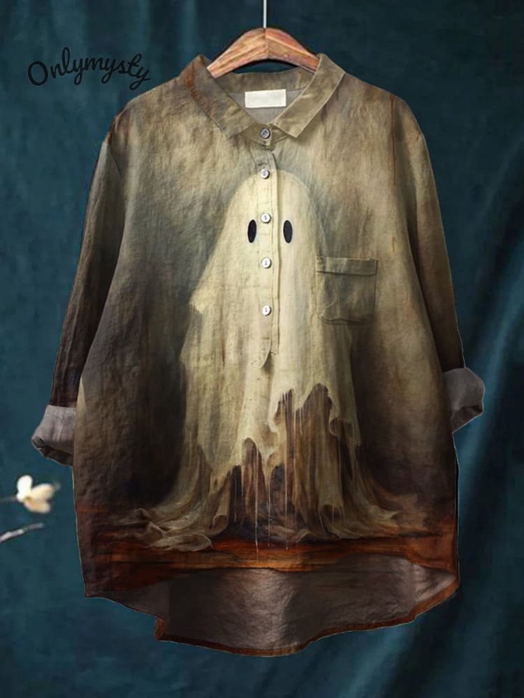 Women's Halloween Ghost  Art Print Casual Cotton And Linen Shirt