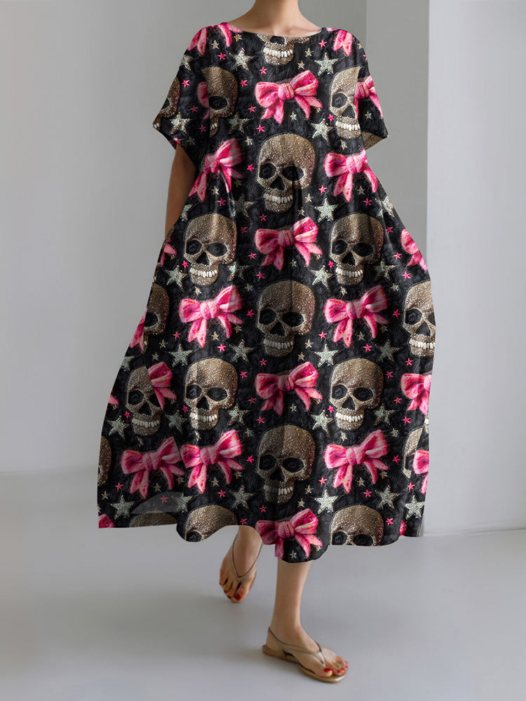 Halloween Skull Bow Print Casual Midi Dress