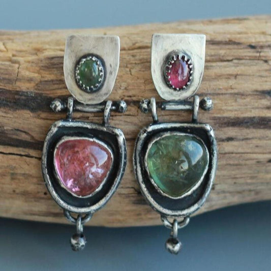 Green and red stone earring