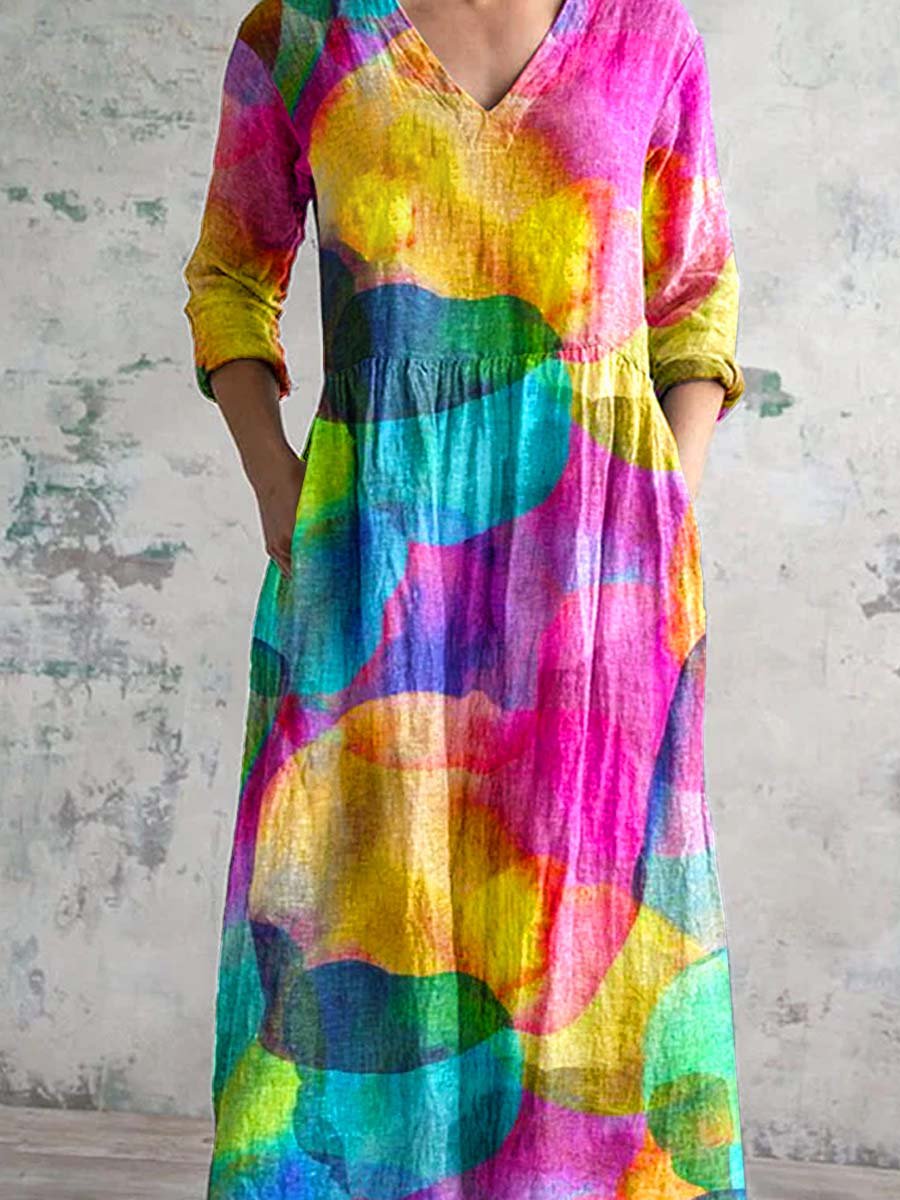 Women's V-Neck Rainbow Gradient Pattern Dress with Pockets