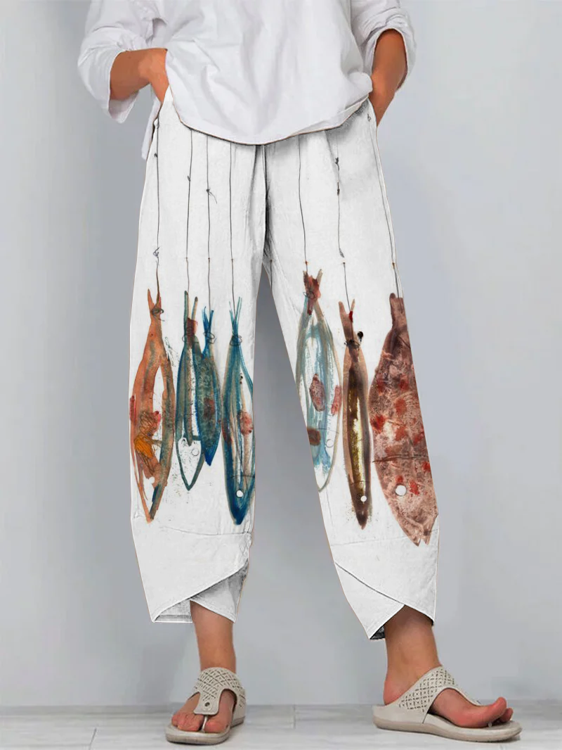 Retro Art Fish Cropped Casual Pants