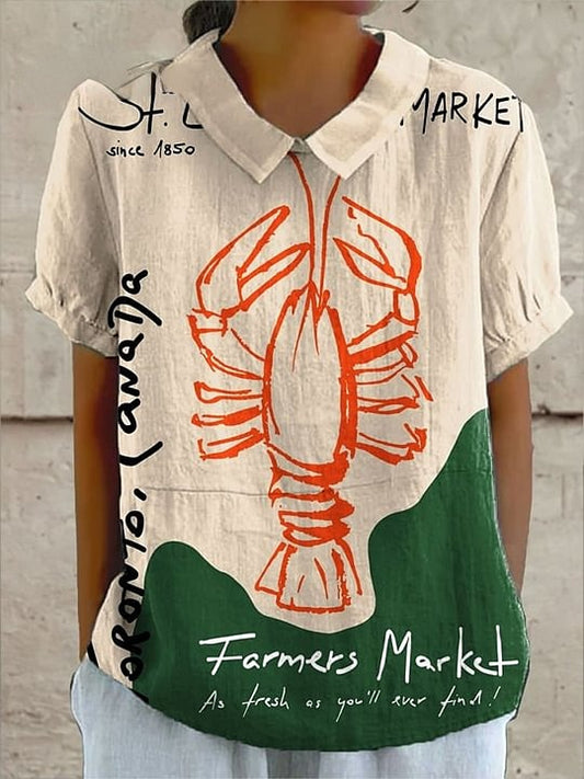 Women's Vintage Lobster Art Print Casual Cotton And Linen Shirt